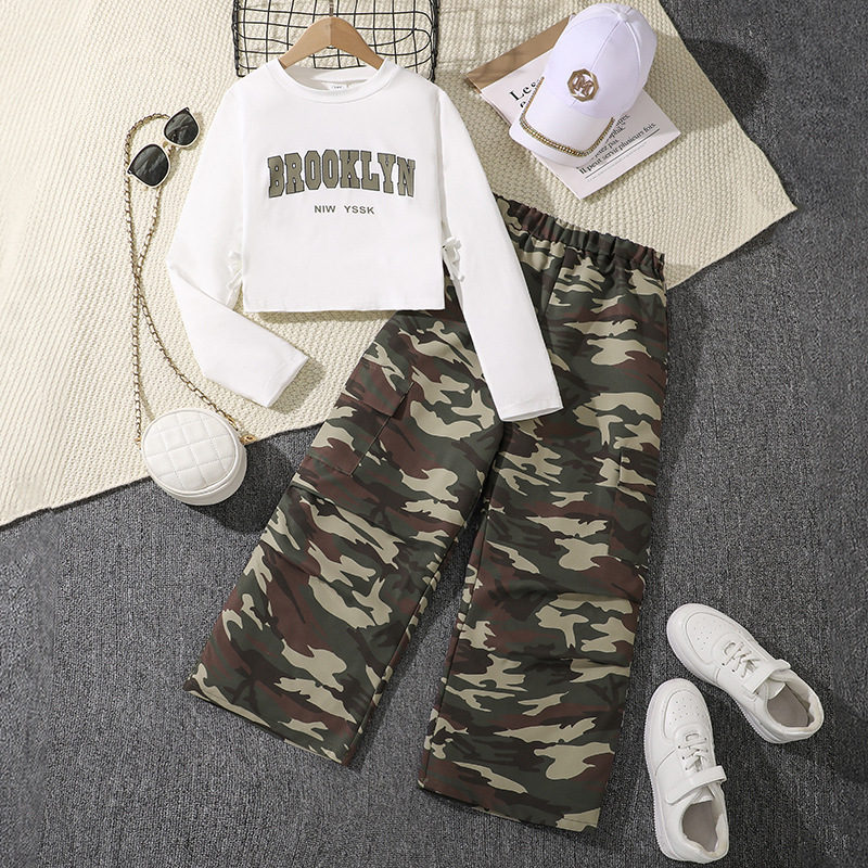 Foreign Trade Women's Children's Wear Spring and Autumn New American Retro Camouflage Trousers Letter Printed Long Sleeve Top Big Children's suit