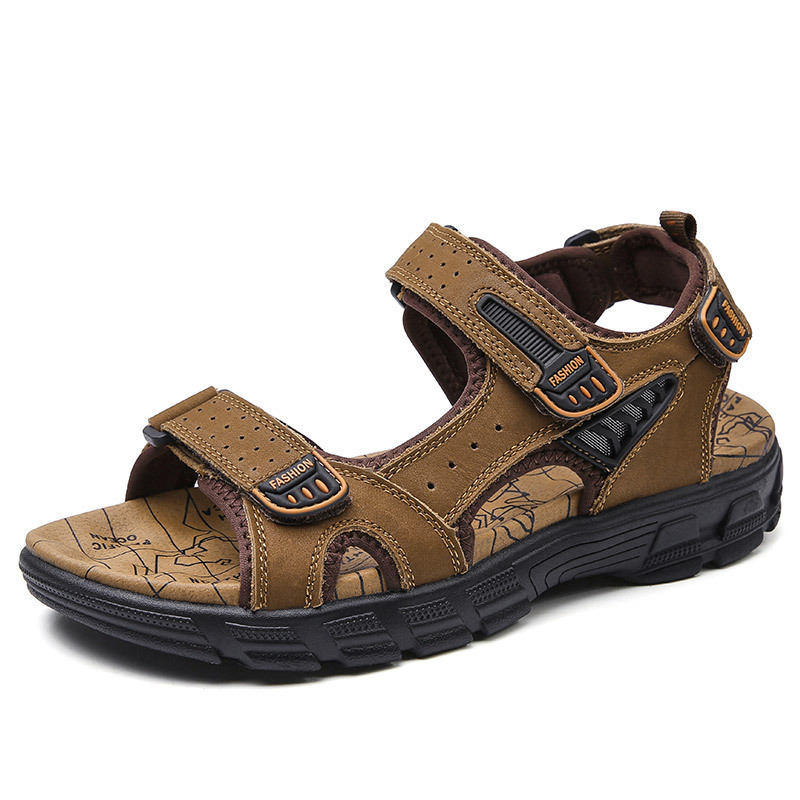 Summer sandals men's thick bottom open toe top layer cowhide men's beach shoes soft bottom fashion plus size outdoor casual shoes