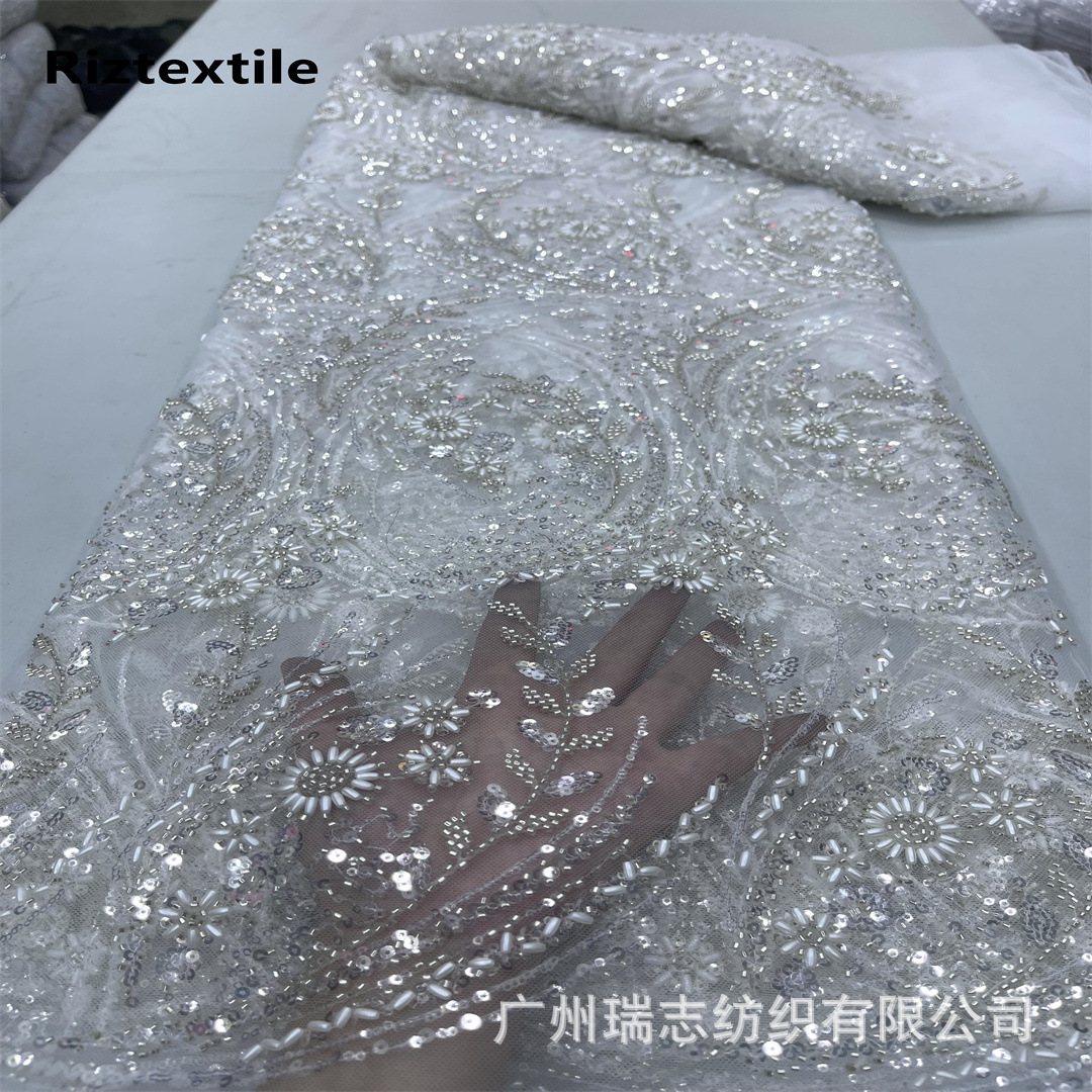 African Beaded Dress Lace White French Fashion Wedding Dress Bead Tube Sequin Embroidered Wedding Fabric