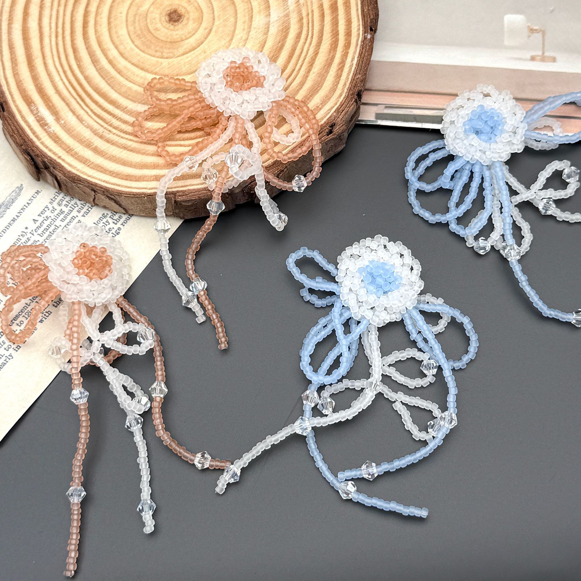 Picture of New handmade DIY glass bead braided beaded cool wind tassel long flower bow earrings hair accessories