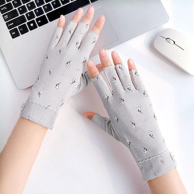 Sunscreen Half Finger Gloves Women's Summer Thin Cotton UV-resistant Driving Riding Non-slip Breathable Tea Dew Two-finger Nail Art