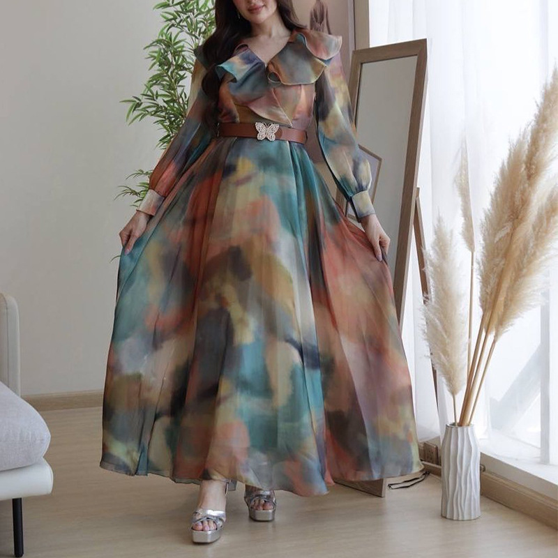 Picture of 2025 Spring and Summer New European and American Export Printed Large Hem Mesh Dress Work Clothing European and American Plus Size Women's Dress