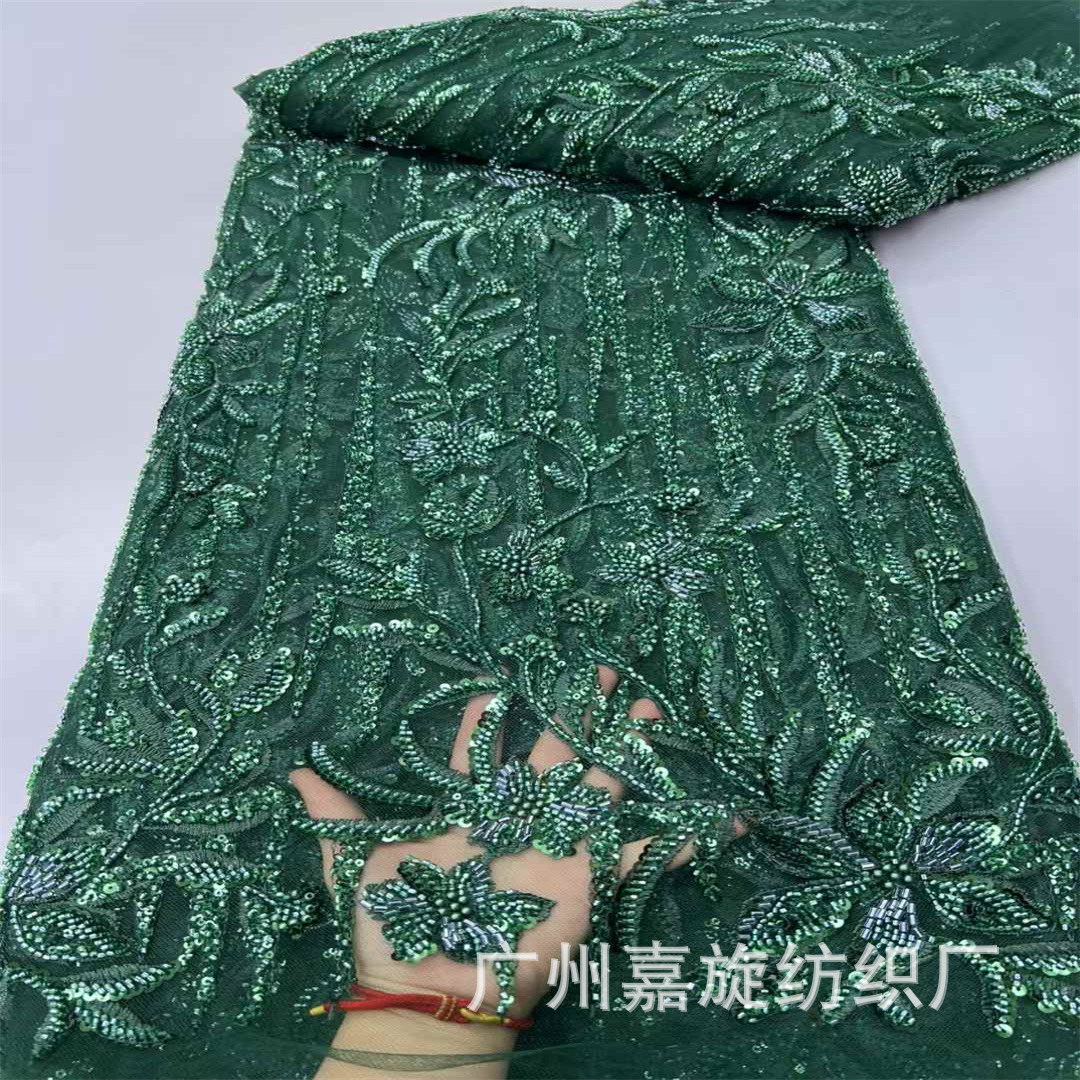 High-End Green Bead Tube Embroider Wedding Dress Embroidered Cloth European and American Heavy Industry Plant Flower Dress Mesh Fabric