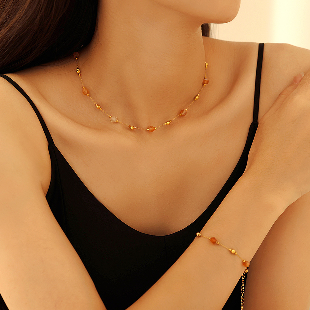 French Niche Retro Exquisite Chic Natural Stone Bracelet Necklace Electroplated Irregular Cut Stone Jewelry suit