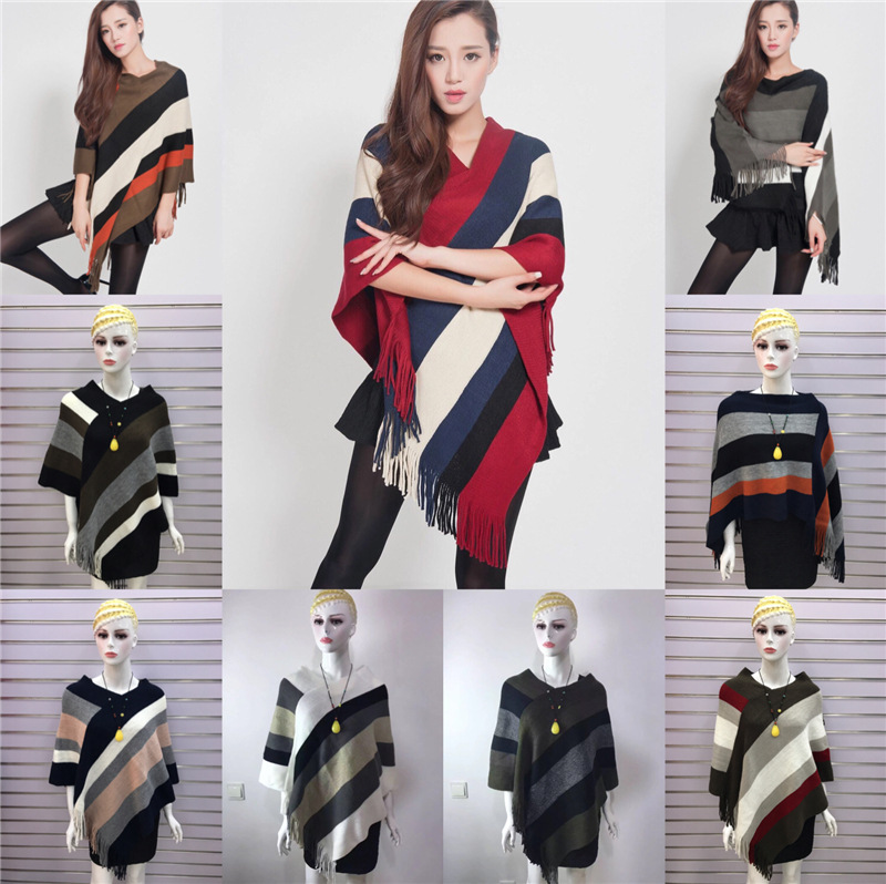Korean Style Women's Wear Tassel Pullover Midi Knitted Cloak Women's 2021 Winter Fashion Shawl Striped Sweater Coat