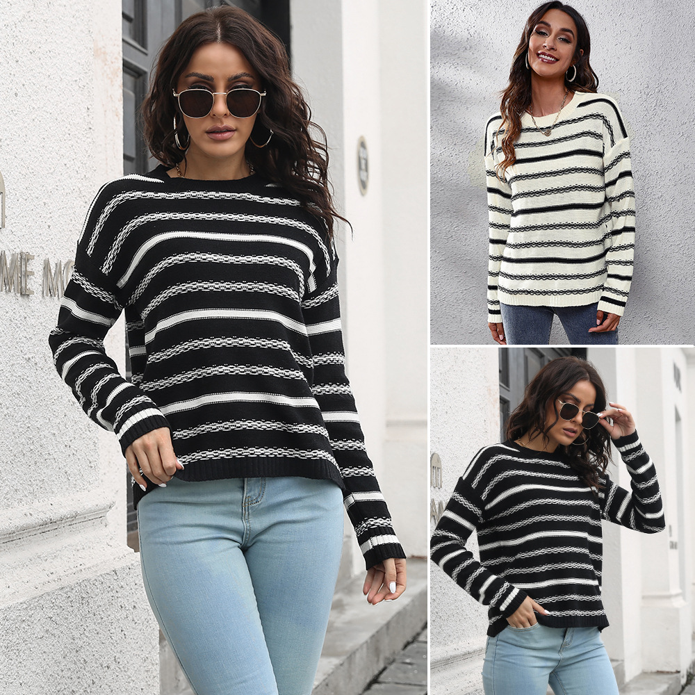 Real shot outer model cross-border striped long-sleeved knitted sweater women's loose autumn and winter New European and American style sweater