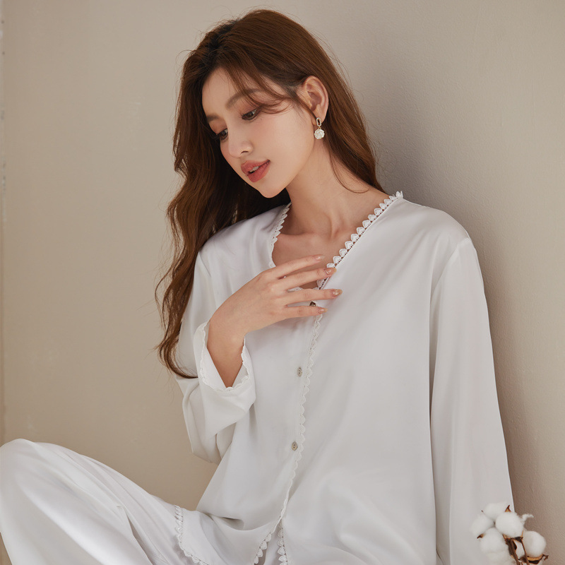 New 2025 Spring and Summer Pajamas Women's Ice Silk Pure Love Lace Solid Color Long Sleeve Two-Piece Home Clothes