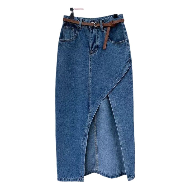 Blue High Waist Irregular Split Denim Skirt Women's 2023 Summer Slim-fit Slimming Sexy Hip Mid-length Skirt