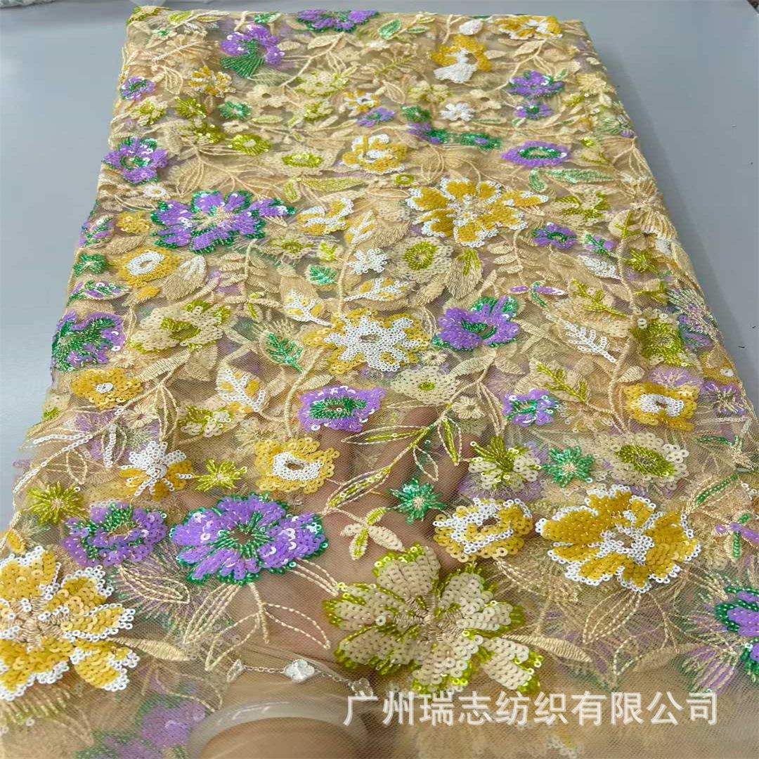 Heavy beaded embroidery fabric three-dimensional lamination embroidery mesh lace sequin dress designer fabric fabric