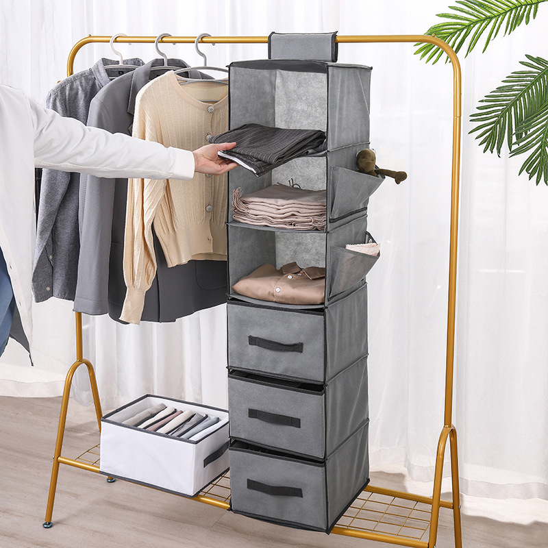Cross-Border Clothing Drawer Storage Hanging Bag Household Six-Layer Fabric Storage Hanging Bag Foldable Wardrobe Hanging Hanging Bag
