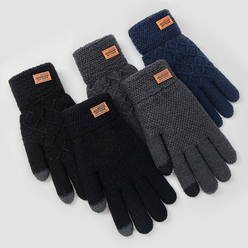 Picture of Gloves men's plus size student autumn and winter warm touch screen cold-proof fleece-lined five-finger knitted wool cycling riding gloves