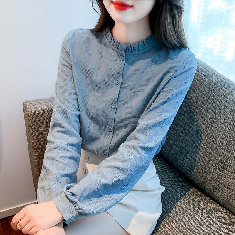 Spring and Autumn Clothing 2025 New Fashion Age-Reducing Jacquard Cotton Shirt Women's Fashionable Cotton Fungus Collar Top Long Sleeve