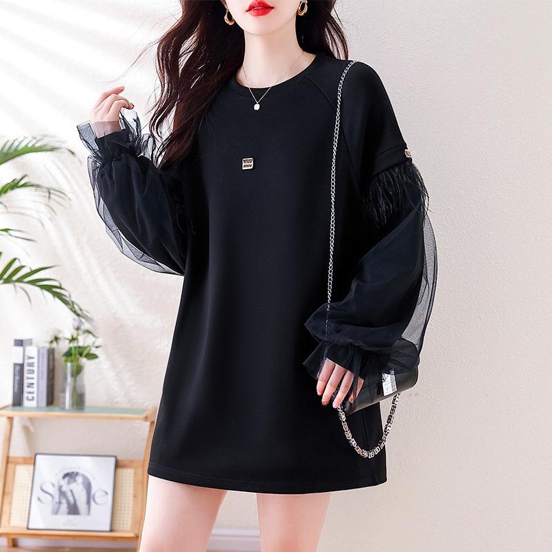 Picture of Real Shot of Casual Mesh Black Sweatshirt for Women, 2025 Autumn New European Style, Plus Size, Loose Long-Sleeve Top, Trendy