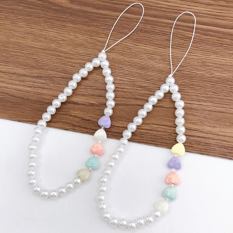 Trendy New Girl's Heart Pearl Mobile Phone Lanyard Handmade Beaded Love Phone Chain Short U Disk Pendant for Women