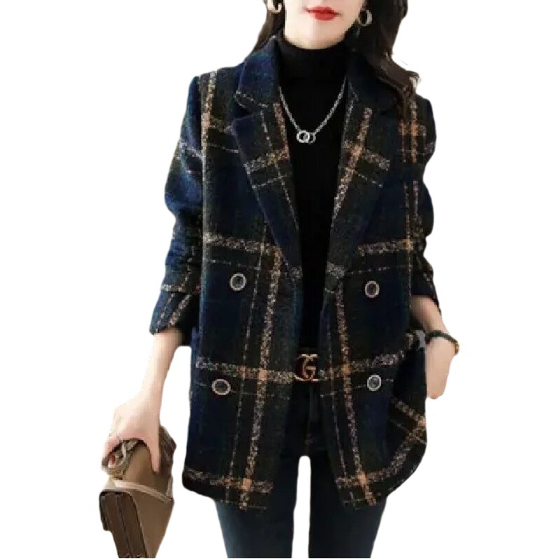 Plus size women's clothing 2023 Winter new Korean style fashionable Korean style slimming retro plaid stitching woolen coat for women
