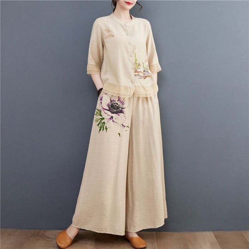 Picture of Middle-aged and elderly women's summer two-piece embroidered cotton and linen short-sleeved top western-style mother's fashionable wide-leg pants set