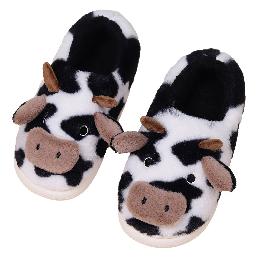 Cross-border thickened bag heel cartoon cow fur slippers Winter Home Leisure indoor home closed toe warm non-slip
