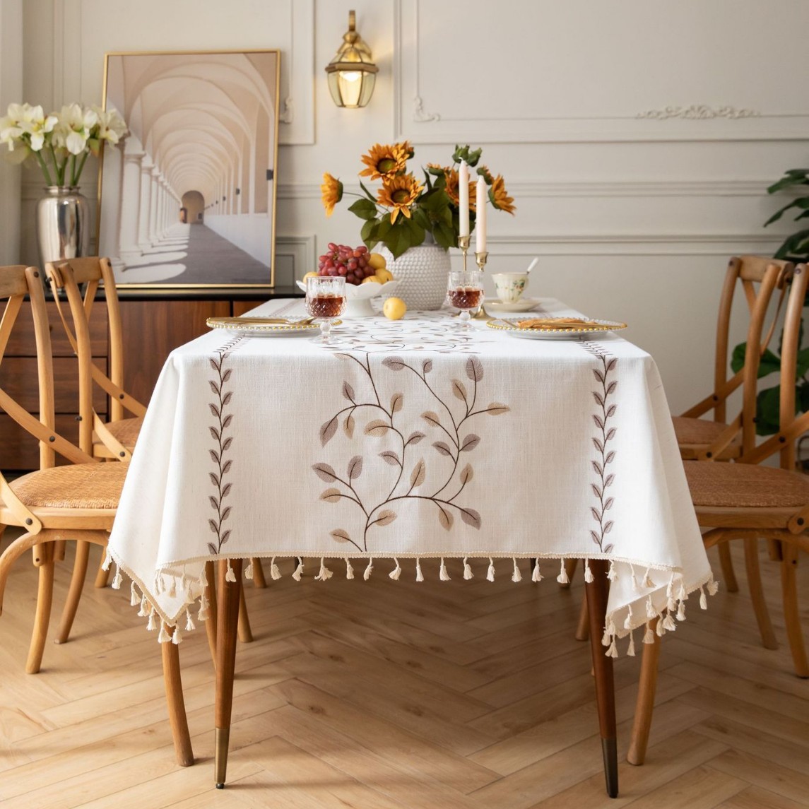 Picture of Rectangular Dining Table Fabric European-style Simple Embroidered Tablecloth Cotton and Linen Artistic Courtyard Outdoor Dining Table Mat Dust-proof and Dirty-resistant