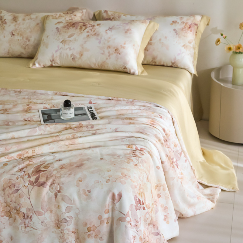 Picture of Super Cool Lenzing Tencel Summer Cool Quilt Four-Piece Set A-Type Pink Floral Ice Silk Air-Conditioned Quilt Thin Quilt Machine Washable 4