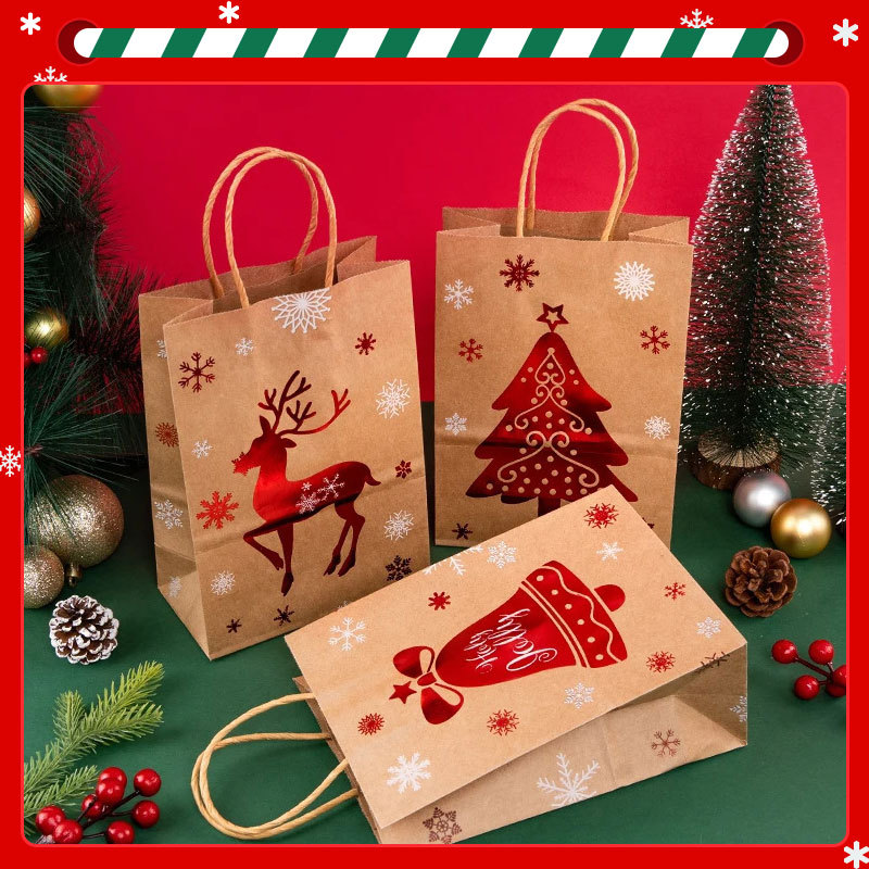 Christmas Handheld Yellow Cowhide Paper Bag Christmas Eve Gift Bag Gift Packaging Bag Christmas Red Bronzing Packaging Bag
