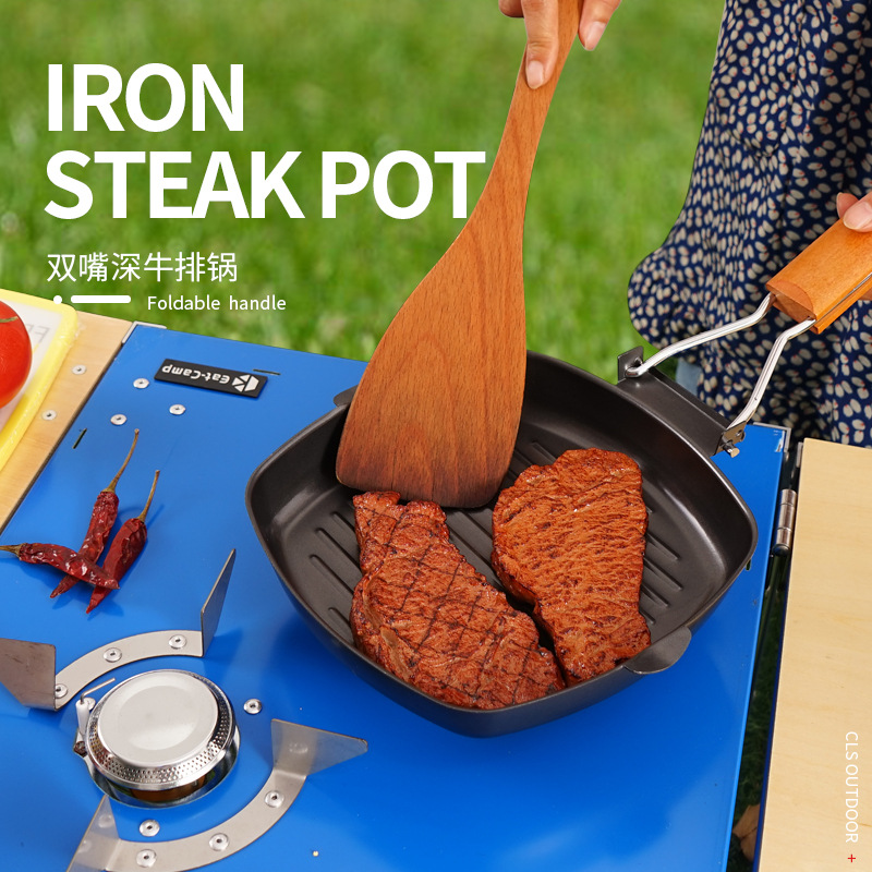 Picture of Outdoor Barbecue Plate Picnic Foldableable Portable Pot Frying Pan Cast Iron Pot Baking Pan Anti-Scalding Wooden Handle Double Mouth Deep Steak Pot