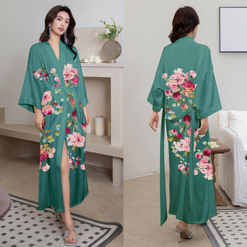 Picture of Yaoting Satin Printed Pajamas for Women Summer Large Size Accessible Luxury Three-Quarter Sleeves Cool Long Nightgown Home Wear Women Wp2669