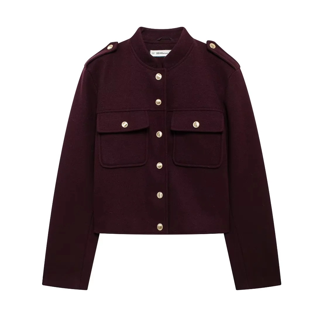 Aliexpress Cross-Border European Women's Fashion Stand Collar Retro Versatile Casual Jacket Buttoned Short Jacket Wholesale