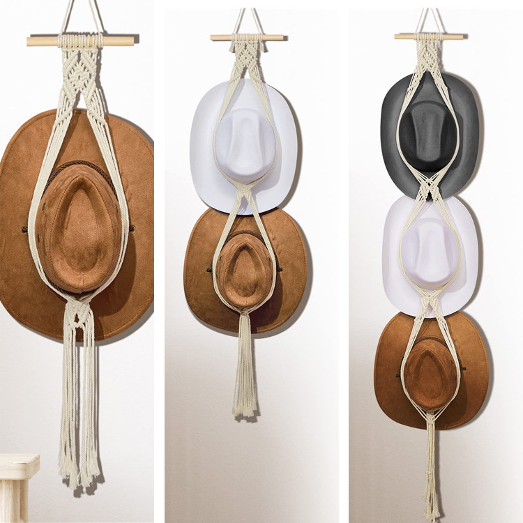 Bohemian Cotton Rope Braided Hat Storage Rack Multi-Layer Wall Hanging Storage Clip Hanging Hat Tassel Decoration