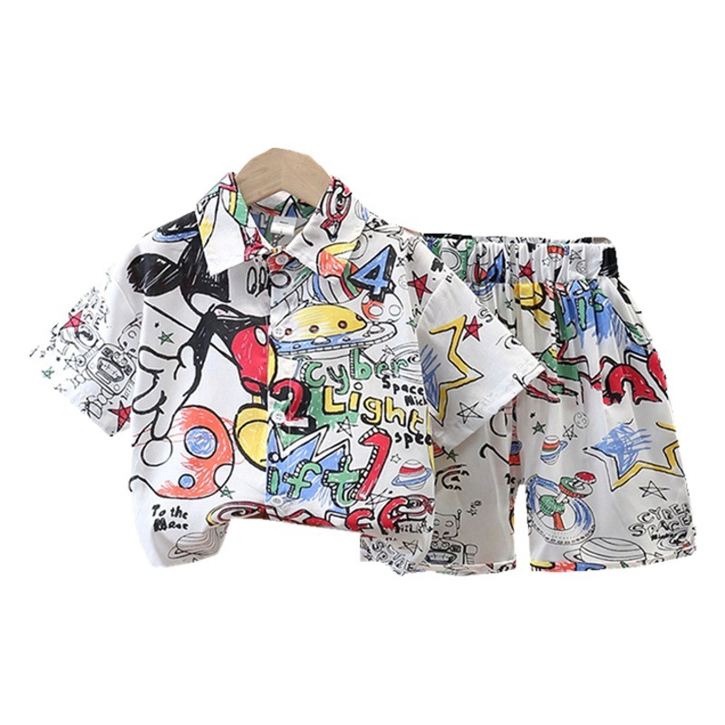 334 Kidsren's Clothing Boys Summer Suit 2025 New Summer Short-Sleeved Shirt Clothes Fashionable Kidsren's Beach Clothes