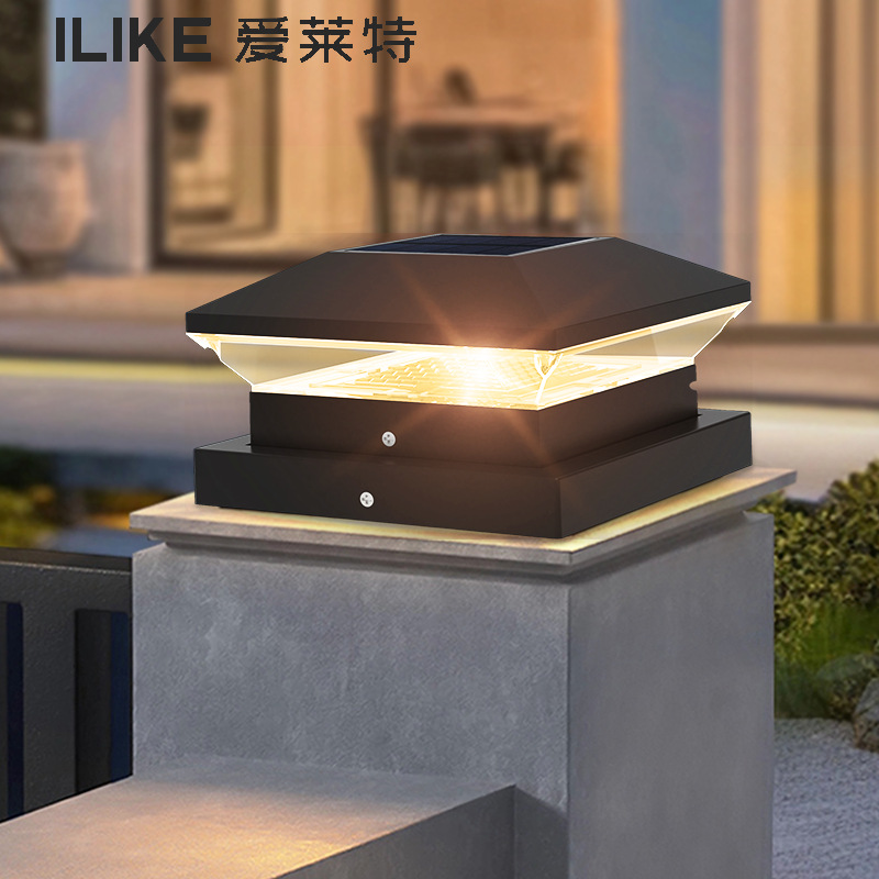 Solar Column Lamp 8Led Two-Color Warm House Garden Fence Column Lamp Cross-Border Outdoor Courtyard Column Lamp