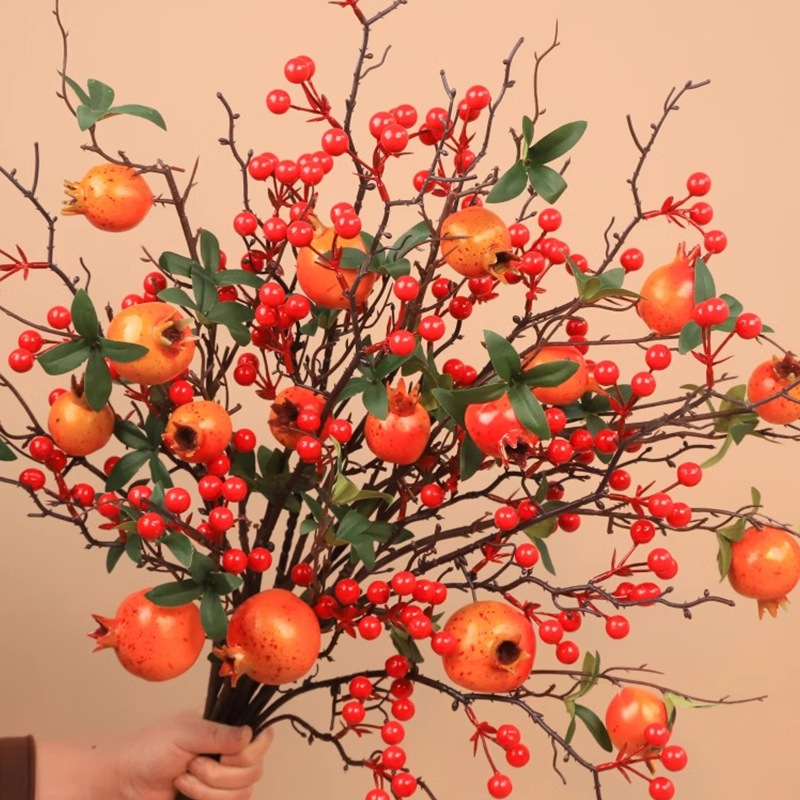 Picture of Red Fruit Branch Artificial Flower Holly Fruit Artificial Flower Red Berry Living Room Housewarming New Year Decoration Spring Festival Blessing Bucket Flower Arrangement Accessories