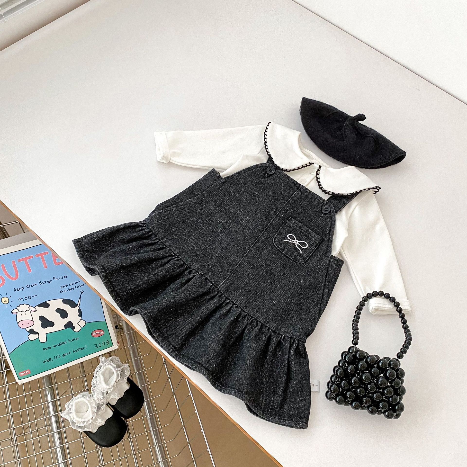 Picture of 2025 Spring Girls Denim dress New All-match Bow Strap Denim Skirt Lapel Base Two-piece Set