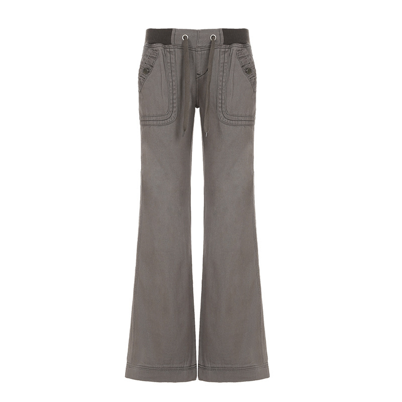 Picture of European and American Style Distinctive Street Slim-fit Slimming Workwear Trousers Women's Straight Wide Pants Strap Low Waist Casual Jeans Trendy