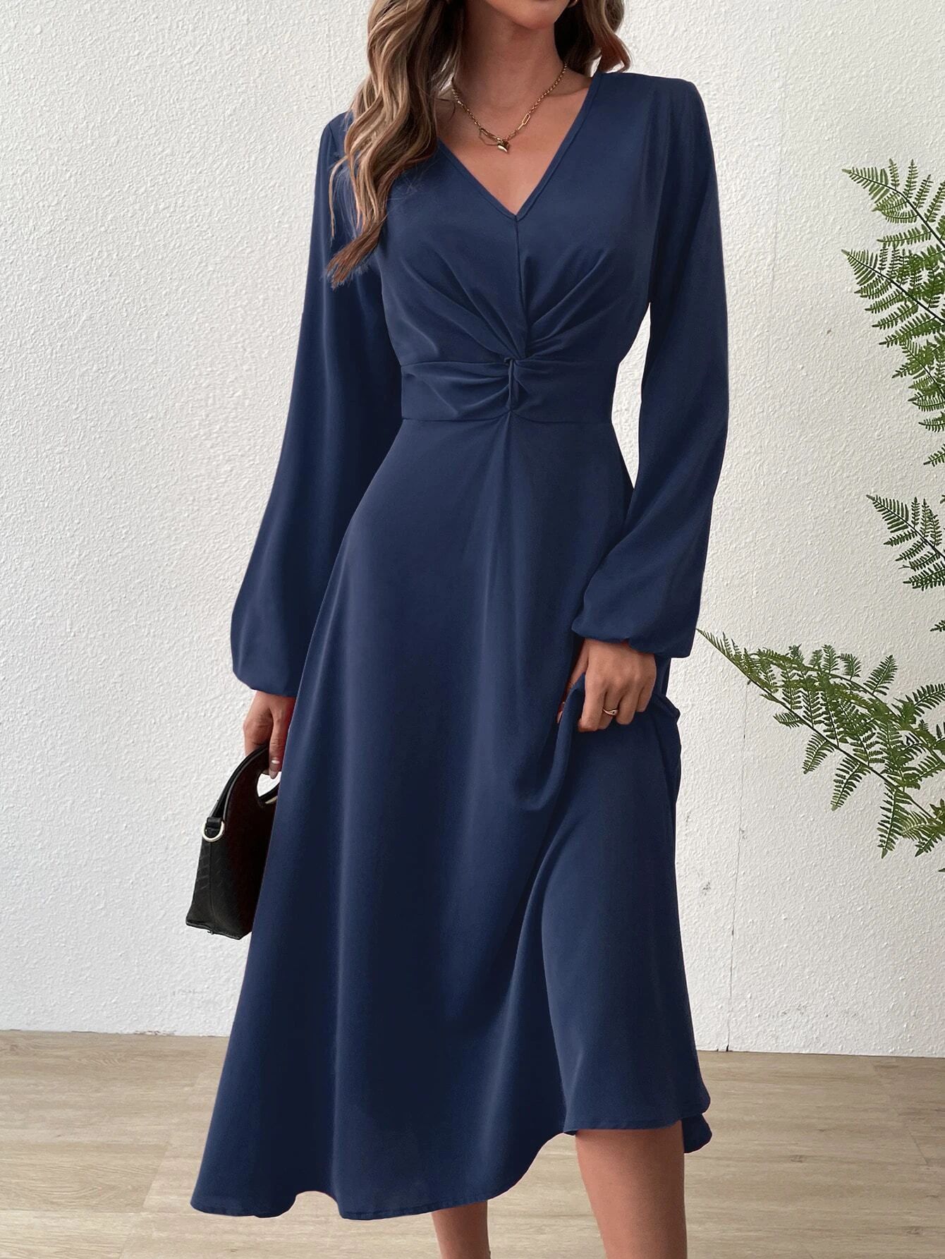 Amazon European and American Women's Clothing Spring and Summer Fashion V-Neck Lantern Long Sleeve Skirt Twisted Elegant Mid-length dress