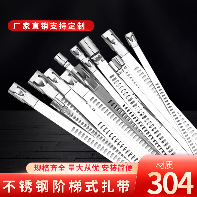 Step-Type 304 Stainless Steel Cable Ties 4.5*300 Buckle Self-Locking Strong Metal Cable Ties for Cable Bundling and Fixing