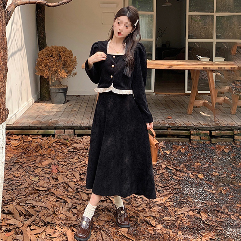#332 Real Shot Corduroy Two-piece Set Small Chanel Style Elegant Wood-ear Top High Waist Skirt Women's Suit