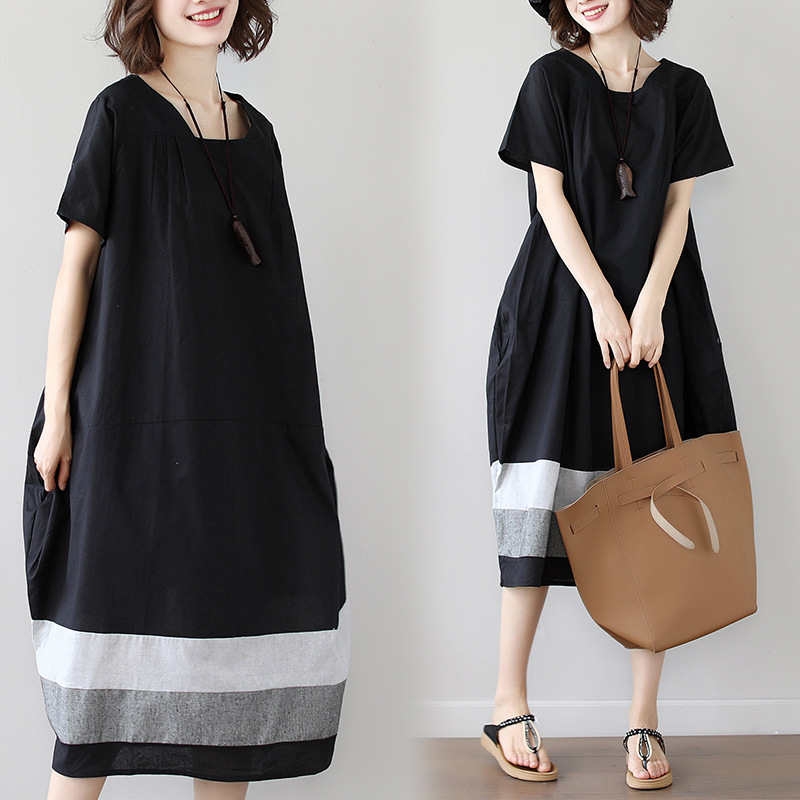 2020 Summer New Korean Artistic Dress Cotton and Linen Short-sleeved Loose Mid-length Dress for Women