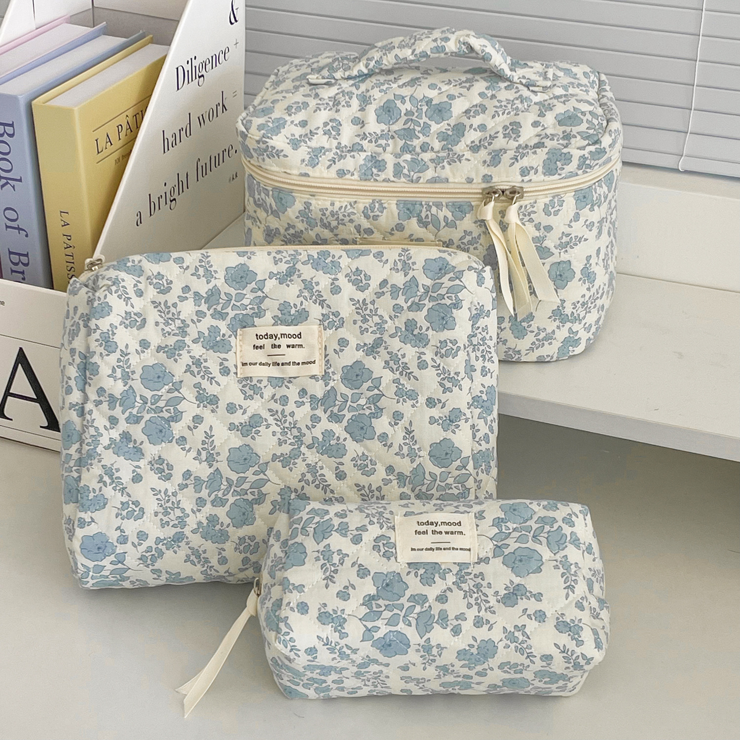 Picture of Blue Begonia Flower Cosmetic Bag Retro Student High-value Wash Bag Outgoing Portable Travel Storage Bag Octagon Bag