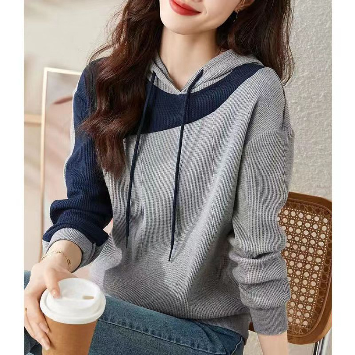 Picture of 2024 Spring and Autumn New Waffled Hooded Sweatshirt Women's Long-sleeved Stitching Loose Slimming Belly Covering Casual All-match Top