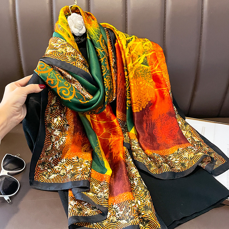 Silk Scarf Women's Spring and Autumn Fashion Printing Silk Elegant Scarf Thin Shawl Autumn and Winter Warm Long Scarf Neck Protection