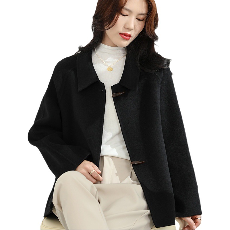 Korean style Hepburn style horn buckle woolen small wool doll collar coat double-sided woolen coat women's short
