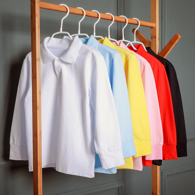 Children's T-shirt Long Sleeve Cotton White Lapel Boys' Polo Shirt Girls' Base Shirt Primary and Middle School Children's Uniform