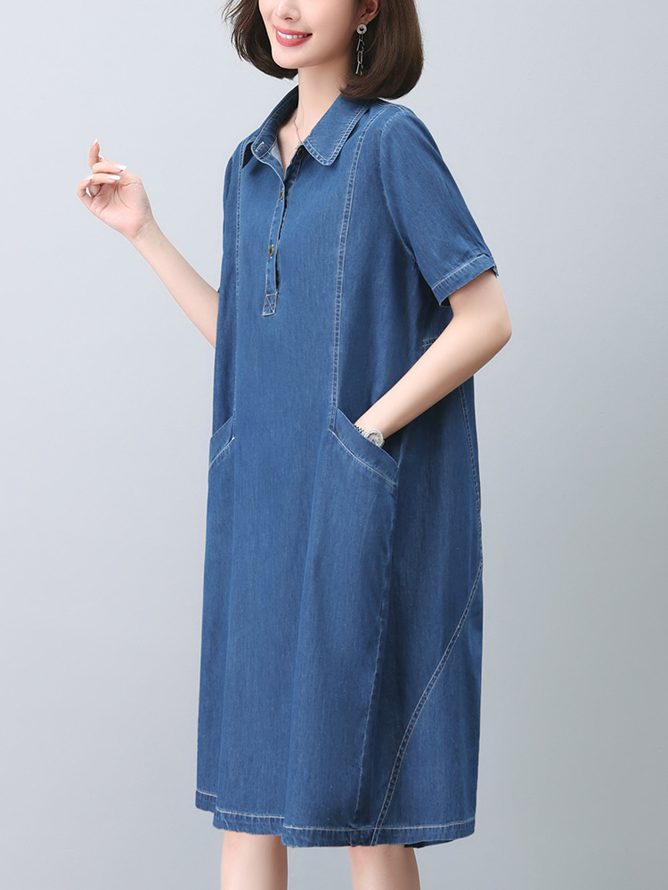 Thin Denim dress 2024 Summer New Women's Short-sleeved Casual Age-reducing Mother's plus size Mid-length Skirt