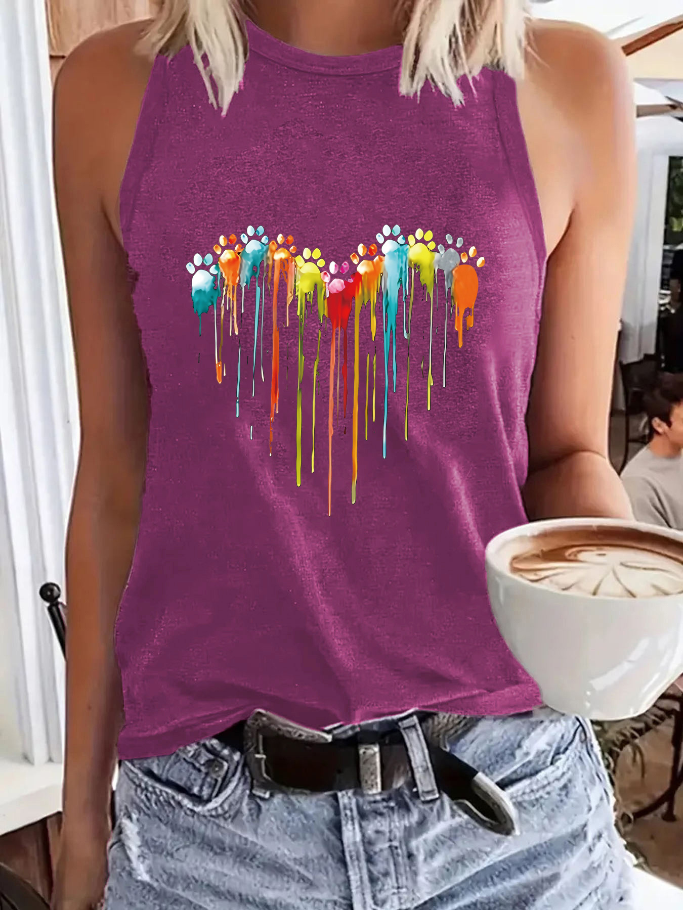 AliExpress Amazon Hot Footprint Printing Spring and Summer Sleeveless Top T-Shirt Round Neck Pullover Foreign Trade Vest Women