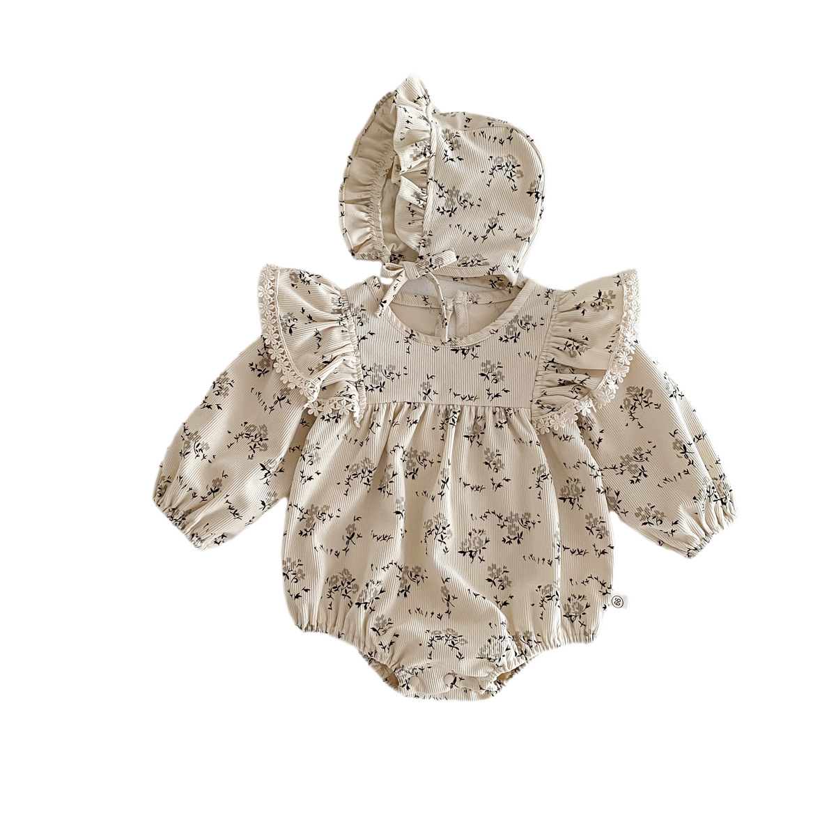 Picture of Ins Korean Infant Spring & Fall Long-Sleeved Harem Baby Girl Corduroy Round Neck Floral Print Cute Crawling Suit with Hood