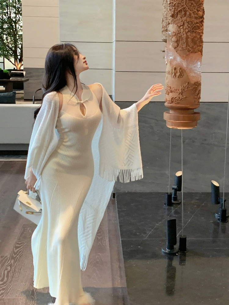 New Chinese-style Buckle Improved Cheongsam Dress Women's Spring Knitted Dress Gentle Style Sleeveless Slim-fit Fishtail Long Dress