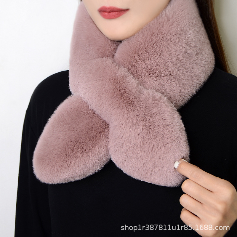 Picture of Internet Celebrity Plush Scarf Women's Winter Imitation Rex Rabbit Fur Thickened Warm Neck Protection All-match Simple Cross Fur Collar