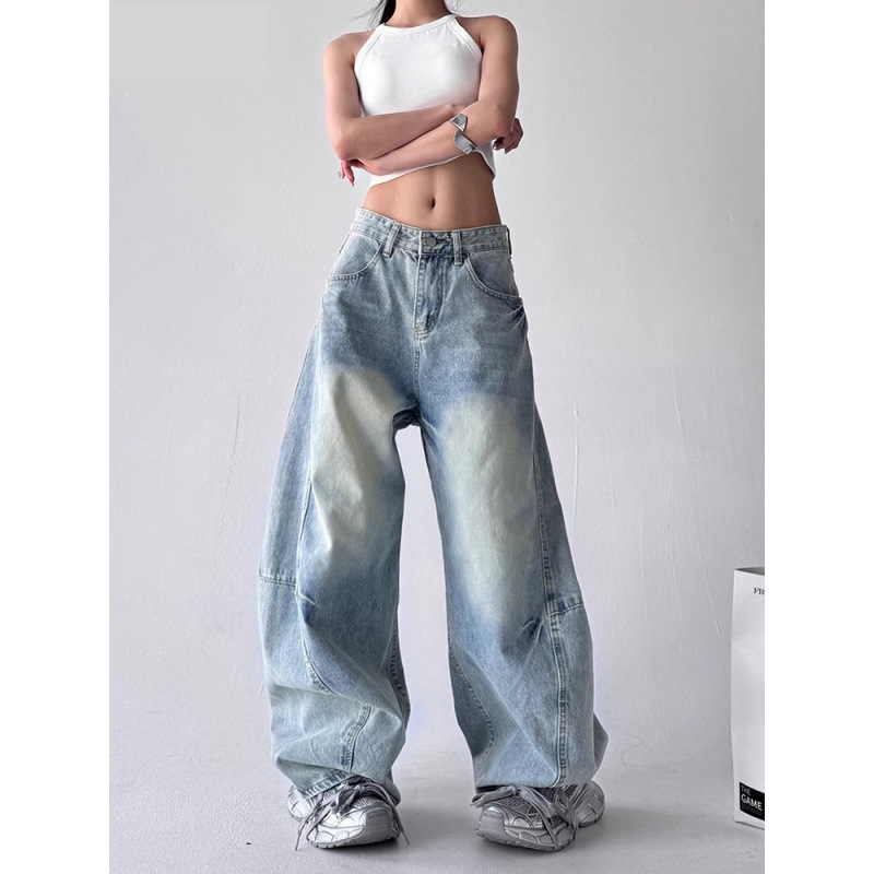 American Retro Hip-Hop Street Washed Light Blue Scimitar Jeans for Women Spring and Summer New Loose Slimming Wide-Leg Pants Trendy