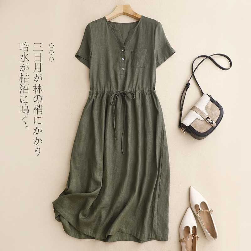 Real Shot 2024 Summer New Cotton and Linen Large Size Dress Mid-length A- line Skirt Tight Waist Slimming Thin Skirt