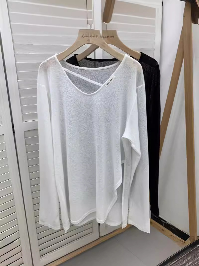 European Station Loose Lazy Caution Collar Sun Protection Clothing T-shirt Women's Western Style Split Long Sleeve All-match Slim Look Top for Summer